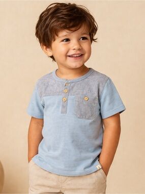 Me & Henry Toddler Blue Henley Shirt 3/4Y Chambray Pocket Top Boys